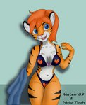 anthro bikini bikini_bottom bikini_thong bikini_top clothing curvy_figure female heart_symbol pose solo swimwear thick_thighs two-piece_swimsuit unknown_artist nala_toph felid mammal pantherine tiger pinup