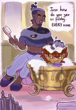 anthro bath bathing bubble_bath cheek_tuft clothed clothing dark_body dark_skin duo facial_tuft fully_clothed humanoid_pointy_ears magic male pointy_ears text tuft dirtyfox911911 disney mythology the_owl_house darius_deamonne eberwolf_(the_owl_house) canid canine canis elf human humanoid mammal mythological_canine mythological_creature werecanid werecanine werecreature werewolf witch_(the_owl_house) wolf english_text hi_res