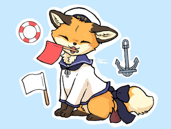 accessory ambiguous_gender blue_background blush bow_(feature) bow_ribbon brown_body brown_fur clothed clothed_feral clothing dipstick_tail eyes_closed feral flag flag_(object) fur furgonomics hat headgear headwear holding_flag holding_object leg_markings markings multicolored_body multicolored_tail orange_body orange_fur ribbons sailor_uniform simple_background solo tail tail_accessory tail_bow tail_markings tail_ribbon tongue tuft uniform white_body white_clothing white_fur fusau canid canine fox mammal red_fox true_fox 2025 4:3 hi_res