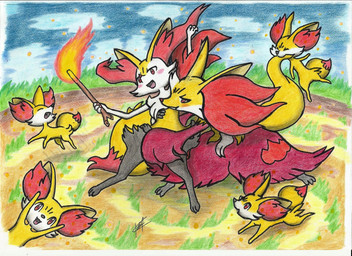 3_fingers 3_toes ambiguous_anthro ambiguous_feral ambiguous_gender anthro arm_tuft big_tail biped bite black_body black_fur black_nose blush border cheek_tuft chest_tuft cloud cute_fangs detailed_background digitigrade dipstick_tail duo_focus elemental_manipulation evolutionary_family eyes_closed facial_tuft fangs feet feral fingers fire fire_manipulation front_view fur grass group high-angle_view hip_tuft holding_another holding_object holding_stick inner_ear_fluff looking_at_viewer markings multicolored_body multicolored_fur nude_ambiguous nude_anthro on_model open_mouth open_smile orange_body orange_eyes orange_nose outside plant quadruped red_body red_fur red_inner_ear_fluff red_tail_tip running shoulder_tuft side_view smile snout standing stick tail tail_bite tail_in_mouth tail_markings teeth toes tongue tuft two_tone_tail white_body white_fur yellow_body yellow_fur yellow_tail fullfolka nintendo pokemon braixen canid delphox fennekin generation_6_pokemon mammal pokemon_(species) 2016 colored colored_pencil_(artwork) hi_res marker_(artwork) signature traditional_media_(artwork)