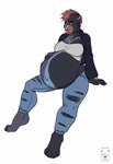 anthro belly big_belly black_body black_clothing black_fur black_nose black_topwear blue_body blue_fur bottomwear cheek_tuft clothing facial_tuft female fetal_movement fur grey_body grey_fur hair logo mohawk navel pants pregnant pregnant_anthro pregnant_female red_eyes red_hair simple_background sitting topwear torn_bottomwear torn_clothing torn_pants tuft white_background white_clothing white_topwear milk-jug brun_(sour_gems) bear mammal artist_logo digital_drawing_(artwork) digital_media_(artwork) english_description