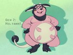 alternate_species anthro belly big_belly blush chubby_cheeks embarrassed eyebrows eyewear glasses green_background hands_on_hips horn male moobs open_mouth open_smile overweight overweight_male pink_body semi-anthro simple_background smile solo standing tail teats udders the-b3ing nintendo pokemon benji_(artienuki) bovid bovine cattle generation_2_pokemon mammal miltank pokemon_(species) 2025 colored digital_drawing_(artwork) digital_media_(artwork)