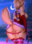 anthro blonde_hair blue_eyes braided_hair breasts butt clothed clothing detailed_background female genitals hair moon night nipples outside pussy sky solo standing star starry_sky margony canid canine canis domestic_dog mammal 2019 digital_media_(artwork) hi_res