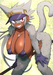 accessory big_breasts bikini_top_only bottomless breasts cleavage clothed clothing dark_body dark_skin ear_piercing female fur gloves grin hair handwear hat headgear headwear huge_breasts muscular muscular_female nipple_outline piercing pubes red_eyes smile tail tomboy visor_cap white_body white_fur white_hair g_tsurimasu haplorhine mammal monkey primate hi_res