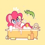 bath bathtub blue_eyes bubble_bath chibi claw_foot_bathtub duo female feral fur hair long_hair male open_mouth pink_body pink_fur pink_hair purple_eyes rubber_duck scrub_brush simple_background slightly_chubby smile tongue water mackinn7 friendship_is_magic hasbro my_little_pony gummy_(mlp) pinkie_pie_(mlp) alligator alligatorid crocodilian earth_pony equid equine horse mammal pony reptile scalie 1:1