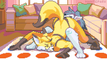 all_fours anthro ass_up barefoot black_bra black_clothing black_panties black_underwear blue_markings blush blush_lines bra clothing competition detailed_background duo eyewear feet female fur furniture glasses leg_markings male male/female markings naked_twister panties paws sex smile socks_(marking) sofa speech_bubble teasing underwear unusual_position white_body white_fur yellow_body yellow_fur nante-p twister ember_(jiyoki) jiyoki canid canine fox mammal 16:9 animated digital_media_(artwork) frame_by_frame pixel_(artwork) widescreen