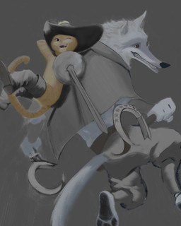 anthro boots clothed clothing duo fluffy footwear fur green_eyes grey_background hand_behind_head happy hat headgear headwear interspecies looking_at_another looking_at_partner male male/male melee_weapon one_eye_closed orange_body orange_fur poncho rapier red_eyes shoes sickle simple_background size_difference smile sword weapon white_body white_fur wink w20p01 dreamworks puss_in_boots_(franchise) death_(puss_in_boots) puss_in_boots_(dreamworks) canid canine canis domestic_cat felid feline felis mammal tabby_cat wolf absurd_res hi_res
