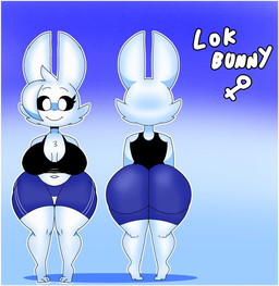 anthro bottomwear breasts butt clothing female pupils scut_tail shirt short_tail shorts smile solo tail text topwear white_body white_pupils lokbunny17 lok_bunny lagomorph leporid mammal rabbit hi_res model_sheet