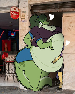 4_arms anthro anthro_pred belly belly_squish big_belly big_breasts bloated bottomwear breasts clothed clothing duo face_in_belly female female/female fur green_body hair heart_symbol held_up huge_belly huge_breasts larger_female multi_arm multi_limb overweight overweight_anthro overweight_female size_difference smile squish tail teeth thick_tail thick_thighs topwear voluptuous_anthro wide_hips jayme_universe a_chance_encounter allison_(alexoul) jad_(jayme_universe) alligator alligatorid canid canine canis crocodilian domestic_dog mammal reptile scalie 2026 digital_media_(artwork) meme
