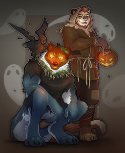 anthro blue_body blue_fur clothing costume fluffy fluffy_tail food for_a_head fruit fur halloween_bucket halloween_costume halloween_costumes halloween_themed holidays jack-o'-lantern male male_anthro partners plant pumpkin pumpkin_head scarecrow tail dwolfox halloween alaskan_malamute avian bird canid canine canis corvid corvus_(genus) crow domestic_dog felid feline mammal nordic_sled_dog object_head oscine pantherine passerine spitz tiger hi_res
