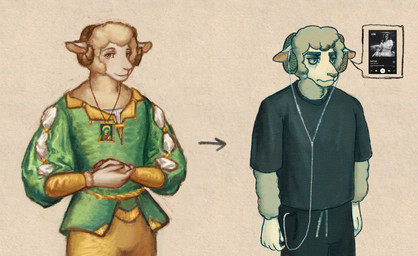 annoyed anthro arms_together bottomwear christian_symbol clothing ears_down electronics fur headphones horn jewelry listening_to_music looking_at_viewer looking_forward male medieval_clothing music necklace pants pivoted_ears religion religious_symbol shirt smile smiling_at_viewer solo symbol topwear wool_(fur) reynard_goodfellow christianity spotify reynard_the_baa bovid caprine mammal sheep hi_res