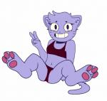 3_toes 5_fingers anthro blush breasts clothed clothing eyebrows feet female fingers fur gesture hair hand_gesture heart_nose heart_symbol looking_at_viewer lying panties pawpads paws purple_body purple_fur simple_background smile solo spread_legs spreading teeth toes underwear v_sign whiskers white_background youtuber dixon_zyder katzun domestic_cat felid feline felis mammal 2017 digital_media_(artwork) hi_res