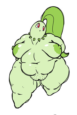 anthro areola big_areola big_breasts breasts female genitals green_nipples leaf leaf_hair nipples nude nude_female overweight overweight_female plant plant_hair pokemorph pseudo_hair pubes pussy_stubble red_eyes solo vulva nsfwoaf nintendo pokemon chikorita generation_2_pokemon mammal pokemon_(species) 2025 digital_media_(artwork) full-length_portrait hi_res portrait
