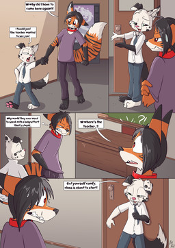 age_difference anthro barefoot black_ears black_hair bodily_fluids bottomwear clothed clothing collar dialogue dipstick_ears dipstick_tail door door_handle doorknob duo ear_markings feet fur hair hand_holding inside interrobang looking_at_another male markings mismatched_ears multicolored_body multicolored_ears multicolored_fur multicolored_tail necktie open_mouth orange_body orange_fur orange_tail pants pawpads pink_nose pink_pawpads red_collar shirt size_difference smile sweat tail tail_markings teeth text tongue topwear white_body white_ears white_fur white_tail young young_anthro fuf riley_(rileypup) valheru canid canine canis dalmatian domestic_dog felid fox hybrid mammal pantherine tiger 2020 absurd_res comic english_text hi_res multiple_scenes