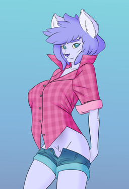 anthro big_breasts breasts clothed clothing female pattern_clothing pattern_shirt pattern_topwear plaid plaid_clothing plaid_shirt plaid_topwear shirt solo topwear cubikore canid canine mammal absurd_res character_request hi_res