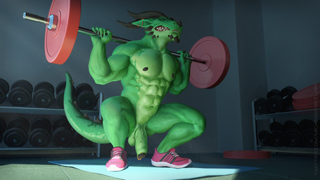 abs anthro balls barbell barbell_squats biceps clenched_teeth clothing crouching dumbbell ear_piercing exercise eyes_closed flaccid footwear foreskin genital_piercing genitals glans green_foreskin green_glans green_penis horn humanoid_genitalia humanoid_penis light male muscular muscular_anthro muscular_male nipples nude_workout pecs penis penis_piercing piercing prince_albert_piercing shoes solo squats sunlight tail teeth weightlifting weights workout mickey_the_retriever mythology azuazure dragon mythological_creature mythological_scalie scalie 16:9 hi_res widescreen