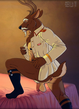 anthro antlers anus balls bed bodily_fluids bottomless bottomless_anthro bottomless_male butt clothed clothing countershade_balls countershade_butt countershade_genitalia countershade_tail countershade_torso countershading elderly elderly_anthro elderly_male facial_hair flaccid footwear foreskin furniture garter_belt garter_belt_socks garter_straps genital_fluids genitals goatee horn humanoid_genitalia humanoid_penis looking_at_viewer male male_anthro mustache nipples on_bed open_clothing open_shirt open_topwear penis precum precum_string pubes shirt side_view smile socks solo step_pose tail teeth topwear uniform guerillasquirrel around_the_world_with_willy_fog brigadier_corn deer mammal 2019 hi_res