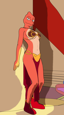 anthro bikini bottomwear breasts clothing costume female freckled_face freckles gold_bikini half-closed_eyes loincloth narrowed_eyes non-mammal_breasts pose slave slave_leia_costume swimwear two-piece_swimsuit ventral_groove tutankabron2uv may_the_4th nintendo pokemon star_wars charmeleon generation_1_pokemon pokemon_(species) 9:16 hi_res pinup