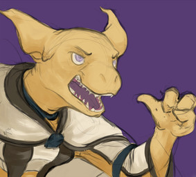 4_fingers ambiguous_gender angry anthro brown_clothing brown_topwear clothed clothed_anthro clothing fangs fingers front_view furrowed_eyebrows gesture hand_gesture looking_aside open_mouth pointing pointing_at_self purple_background purple_eyes purple_tongue simple_background solo teeth tongue tongue_showing topwear white_clothing white_sclera white_topwear yellow_body deriaz alurian 2013 bust_portrait digital_drawing_(artwork) digital_media_(artwork) portrait