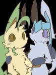 :< ambiguous_gender arm_around_shoulders blush duo feral fluffy hand_holding looking_at_another paws smile text shin_(artist) nintendo pokemon eeveelution generation_4_pokemon glaceon leafeon pokemon_(species) alpha_channel hi_res