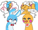 anthro blush bow_(feature) dirty_thoughts duo female from_behind_position hand_holding machine male male/female sex simple_background white_background omegamax five_nights_at_freddy's five_nights_at_freddy's_2 scottgames toy_bonnie_(fnaf) toy_chica_(fnaf) animatronic avian bird chicken galliform gallus_(genus) lagomorph leporid mammal phasianid rabbit robot 2024 digital_media_(artwork)