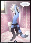 3d_(artwork) after_shower anthro armpit_hair arms_above_head bathroom bathroom_floor big_penis biped blue_body blue_fur body_hair border bottomwear bottomwear_down briefs briefs_down clothed clothing comic denim denim_bottomwear denim_clothing dialogue digital_media_(artwork) digitigrade dressing drying drying_hair english_text erection felix_(striped_sins) fur genitals hair happy_trail hi_res huge_penis jeans light light_beam male mammal markings pants pants_down partially_clothed penis pinup pose procyonid pubes raccoon shower slim small_waist solo speech_bubble steam striped_markings striped_sins striped_tail stripes sunbeam sunlight tail tail_markings talking_to_penis talking_to_self text thick_penis towel_on_penis towel_rack underwear underwear_down unwanted_erection url volumetric_lighting wet wet_body wet_fur wet_hair willitfit window
