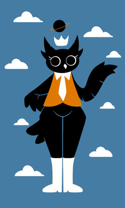 anthro biped black_body black_feathers blue_background boots clothing cloud crown feathers female footwear front_view headgear necktie orange_clothing orange_topwear orange_vest planet shoes simple_background solo standing topwear vest voluptuous_female white_boots white_clothing white_footwear white_necktie wolfgang_(artist) voices_of_the_void stolas_(voices_of_the_void) avian bird demon owl digital_drawing_(artwork) digital_media_(artwork) flat_colors hi_res lineless restricted_palette