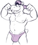 anthro backwards_cap belly bulge clothed clothing common_hippopotamus flexing flexing_bicep flexing_both_biceps goronic hi_res hippopotamid male mammal monochrome muscular muscular_male navel nipples purple_clothing purple_thong purple_underwear short_tail sketch smile smirk solo standing tail teeth thong thong_only tongue topless underwear underwear_only
