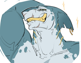 anthro blue_body earless fin fin_piercing front_view furgonomic_piercing furgonomics gills green_eyes grin head_fin looking_at_viewer male male_anthro muscular muscular_anthro muscular_male narrowed_eyes nude piercing scar sharp_teeth simple_background smile solo sparkles teeth white_background white_body yellow_eyes yellow_sclera yellow_teeth cobu aquatic fish shark bust_portrait portrait