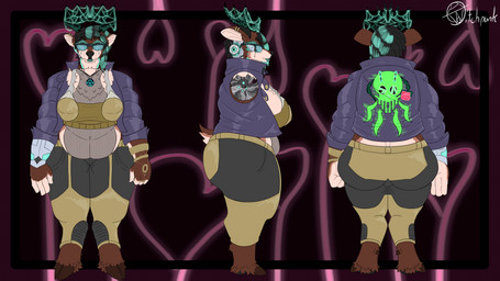 anthro antlers bangle belly big_breasts big_butt biped black_hair bottomwear breasts brown_body brown_fur butt clothing crop_top cybernetic_implant cyberpunk ear_piercing eyewear female female_anthro fishnet_clothing fur glasses hair highlights_(coloring) hooves horn jacket jewelry makeup overweight pants pawpads pendant piercing pixie_cut prosthetic prosthetic_arm prosthetic_limb shirt simple_background solo spider_web spots topwear vvitchpunk sokora_(vvitchpunk) cervine deer mammal 16:9 4k absurd_res hi_res model_sheet widescreen
