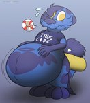 ambiguous_gender anthro belly big_belly blue_body bottomless clothed clothing fangs fur hanging_belly inflation looking_back navel simple_background solo speech_bubble standing teeth topwear foxball domestic_cat felid feline felis mammal hi_res