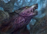 body_horror feral forest howl male nightmare_fuel open_mouth outside plant sharp_teeth solo teeth tree matt_stewart hasbro magic:_the_gathering wizards_of_the_coast canid canine canis mammal monster wolf headshot_portrait official_art portrait signature