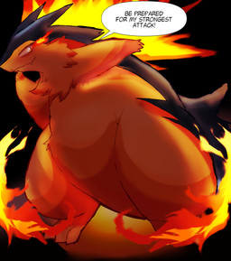 anthro attack battle belly black_background blue_body blue_fur cheek_tuft cute_fangs dialogue elemental_manipulation facial_tuft fangs fire fire_manipulation flaming_hair flaming_mane fluffy fur glistening glistening_eyes glowing glowing_eyes light male neck_tuft overweight overweight_anthro overweight_male pose pseudo_hair pseudo_mane shadow simple_background slightly_chubby slightly_chubby_anthro slightly_chubby_male solo speech_bubble tan_body tan_fur teeth text thick_thighs tuft felipotyphlosion nintendo pokemon generation_2_pokemon mammal pokemon_(species) typhlosion digital_drawing_(artwork) digital_media_(artwork) hi_res lighting