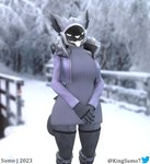 3d_(artwork) absurd_res alber anthro armwear big_breasts blender_(artwork) breasts clothed clothing digital_media_(artwork) female fishnet_armwear fishnet_clothing fishnet_legwear fur hi_res humanoid hybrid hyenid_(species) king_sumo_(artist) legwear looking_at_viewer machine mammal meme meme_clothing open_mouth outside plant protogen robot screen screen_face smile snow solo sweater tongue tongue_out topwear tree virgin_killer_sweater watermark winter