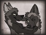 bite duo ear_bite ear_tug female feral male playful playing remywolf ralen_(ralenfox) zoe_(ralenfox) canid canine cross_fox fox mammal red_fox silver_fox true_fox 2016 greyscale monochrome