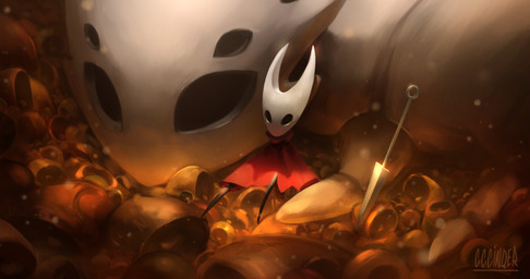2_horns anthro bell biped cloak clothing duo female feral hollow_eyes horn melee_weapon multi_eye red_cloak red_clothing sitting sword weapon cccinder hollow_knight:_silksong hollow_knight_(franchise) team_cherry bell_beast hornet_(hollow_knight) arthropod digital_media_(artwork) hi_res shaded
