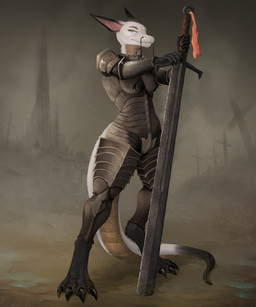 anthro armor barbel_(anatomy) claws digitigrade female flesh_whiskers fur long_tail looking_at_viewer melee_weapon solo standing sword tail weapon kovat mythology trench_crusade ceist dragon furred_dragon furred_scalie mythological_creature mythological_scalie scalie 5:6 hi_res