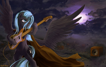 anthro biped black_body black_feathers blue_eyes blue_hair cape clothing cutie_mark detailed_background electric_guitar eyelashes feathered_wings feathers female guitar hair holding_object hooves horn musical_instrument navel playing_guitar playing_music plucked_string_instrument solo speaker standing string_instrument wide_hips wings 1deathpony1 friendship_is_magic hasbro my_little_pony mythology princess_luna_(mlp) equid equine mammal mythological_creature mythological_equine winged_unicorn 2017