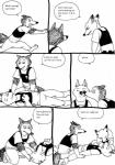 anthro clothing cpr group licking male police scared simple_background speech_bubble text tongue tongue_out topwear unconscious vest white_background worried bernielover disney zootopia nick_wilde officer_wolfard canid canine canis fox mammal red_fox true_fox wolf comic english_text hi_res monochrome