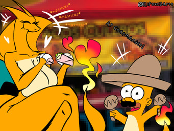 anthro burrito duo female feral food heart_symbol holidays humor male male/female maraca mexican_food musical_instrument percussion_instrument text elpokebarto independence_day_(mexico) nintendo pokemon charizard charmander generation_1_pokemon humanoid pokemon_(species) hi_res spanish_text tagme translated