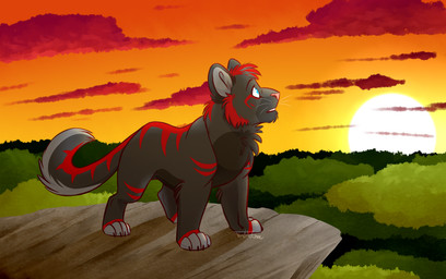black_body black_fur blue_eyes chest_tuft cloud detailed_background facial_markings feral fur grey_body grey_fur head_markings looking_away male markings multicolored_body multicolored_fur outside pink_nose quadruped red_body red_fur solo standing striped_body striped_fur stripes sunset tuft whiskers justautumn felid mammal pantherine tiger digital_media_(artwork) signature