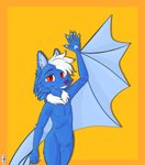 anthro bat_wings blue_body featureless_chest featureless_crotch fur greeting happy male membrane_(anatomy) membranous_wings nude paws pose purple_nose red_eyes solo standing waving_hand wings kadeki astaribat_alex canid canine fox hybrid mammal absurd_res digital_drawing_(artwork) digital_media_(artwork) half-length_portrait hi_res portrait