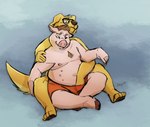 anthro clothing duo eyewear glasses grope male male/male multi_nipple nipples overweight slightly_chubby underwear izvy_(artist) abe_celhog kon_shearo bird_dog canid canine canis domestic_dog domestic_pig golden_retriever hunting_dog mammal retriever suid suine sus_(pig)