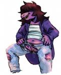 2018 anthro bodily_fluids bottomwear clitoris clothed clothing crotchless_clothing deltarune denim denim_bottomwear denim_clothing female genital_fluids genitals grin hair jeans long_hair nllchan pants pink_body pink_skin pussy reptile scalie simple_background sketch smile solo standing susie_(deltarune) torn_bottomwear torn_clothing torn_jeans torn_pants undertale_(series) vaginal_fluids white_background
