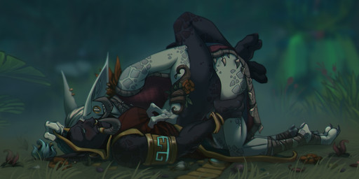 2_toes 3_fingers big_ears black_arms black_body black_chest black_feet black_fingers black_hands black_head black_legs black_skin black_toe_claws black_toes druid duo feet fingers gold_(metal) gold_jewelry gold_tattoo grey_arms grey_body grey_chest grey_feet grey_fingers grey_hands grey_head grey_legs grey_skin grey_toes jewelry jungle_background magic_user male male/male pointy_ears tattoo toes tribal_spellcaster troll_(warcraft) tusks thane_corst blizzard_entertainment warcraft humanoid troll_(mythology) zandalari_troll hi_res