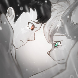 anthro bodily_fluids brown_eyes droplets duo fur green_eyes grey_body grey_fur male male/male raining sad tears stampmats canid canine canis human mammal wolf 1:1 hi_res