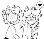 anthro biped clothed clothing female hair heart_symbol long_hair looking_at_viewer smile solo speech_bubble creator_ant amy_(creator_ant) domestic_cat felid feline felis mammal 2022 black_and_white hi_res monochrome