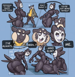 anthro balls_outline big_bulge big_butt black_body black_bodysuit black_clothing black_latex black_skinsuit bodily_fluids bodysuit bubble_butt bulge bulge_frottage butt clone clothing crossed_arms detailed_bulge dialogue drooling duo feathers genital_outline identity_death jacket latex latex_bodysuit latex_clothing latex_skinsuit male male/male mind_control multicolored_body saliva shirt skinsuit species_transformation speech_bubble tail tail_feathers text thick_thighs tight_clothing topwear transformation twinning two_tone_body white_body yellow_clothing yellow_shirt yellow_topwear attikipp n-1_enoch avian bird bovid caprine mammal owl sheep 2025 comic english_text hi_res