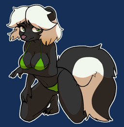 anthro big_breasts big_butt bikini breasts butt claws clothing covering covering_self dark_body dark_fur female fluffy fluffy_tail fur green_bikini green_clothing green_eyes green_swimwear kneeling looking_at_viewer pink_nose pose solo swimwear tail thick_thighs two-piece_swimsuit wide_hips viofsa combat_cat_studio wild_assault marquez_(wild_assault) mammal mephitid skunk 2025 alpha_channel digital_media_(artwork) pinup