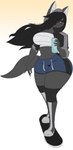 anthro beanie beverage big_breasts black_hair bottomwear breasts can chest_wraps clothed clothing container curvy_figure female fur grey_body grey_fur hair hair_over_eye hat headgear headwear holding_beverage holding_can holding_container holding_object hourglass_figure jacket long_hair midriff one_eye_obstructed open_clothing open_jacket open_topwear shorts simple_background skateboard skating smile solo thick_thighs topwear vehicle white_background wide_hips wraps yellow_sclera dewwydarts dee_(dewwydarts) canid canine canis mammal wolf 2020 absurd_res hi_res